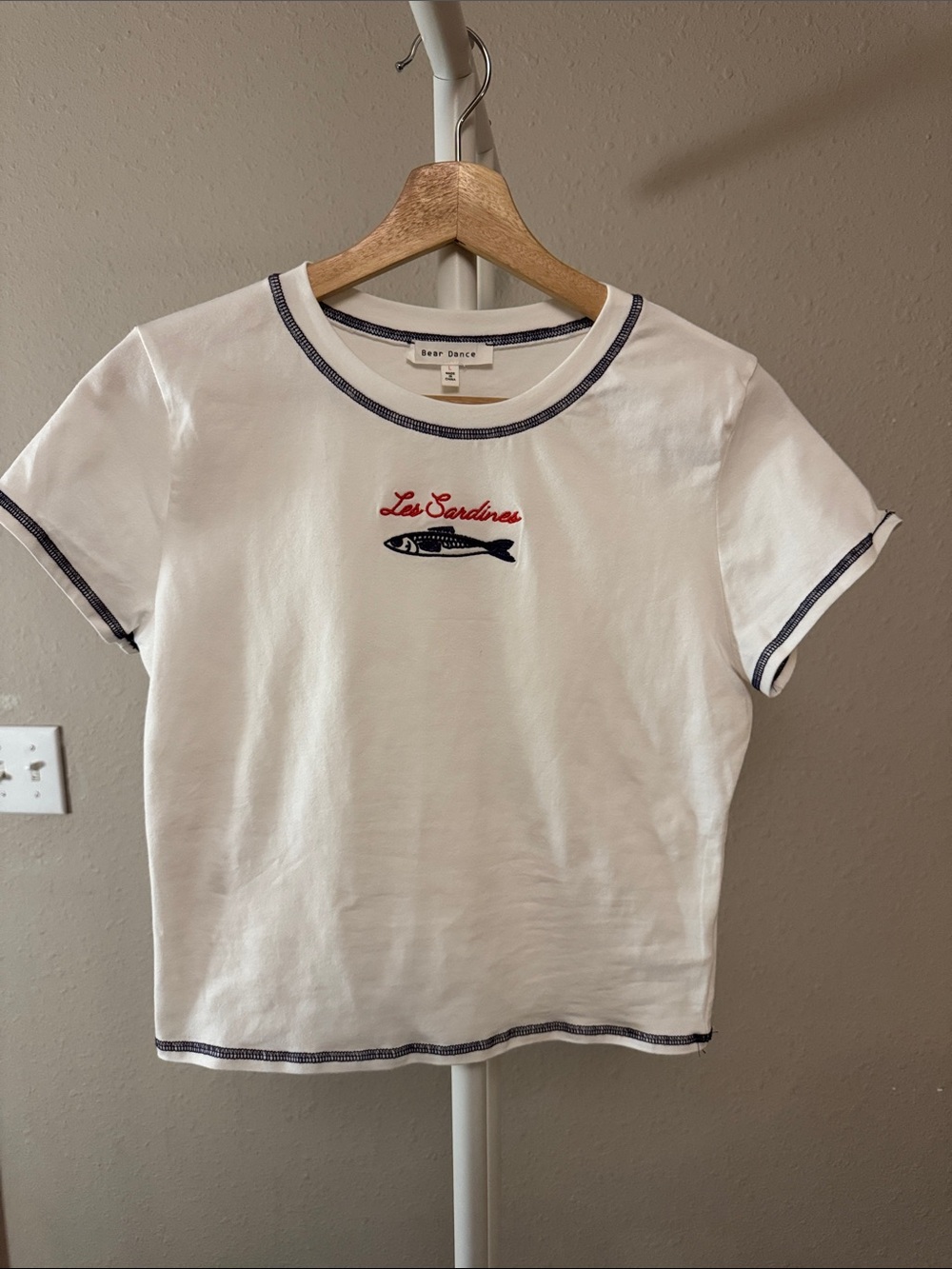 Bear Dance White Tee with Navy Trim and Embroidery, L NWOT